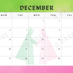 Könnte beinhalten: Ein Dezember 2026 Kalender mit einem grünen und rosa Farbverlauf im Hintergrund. Das Kalenderraster ist weiß mit schwarzem Text. Das Wort "DEZEMBER" steht oben, mit der Zahl "12" links und "2026" rechts. Eine Weihnachtsmütze befindet sich am 25.