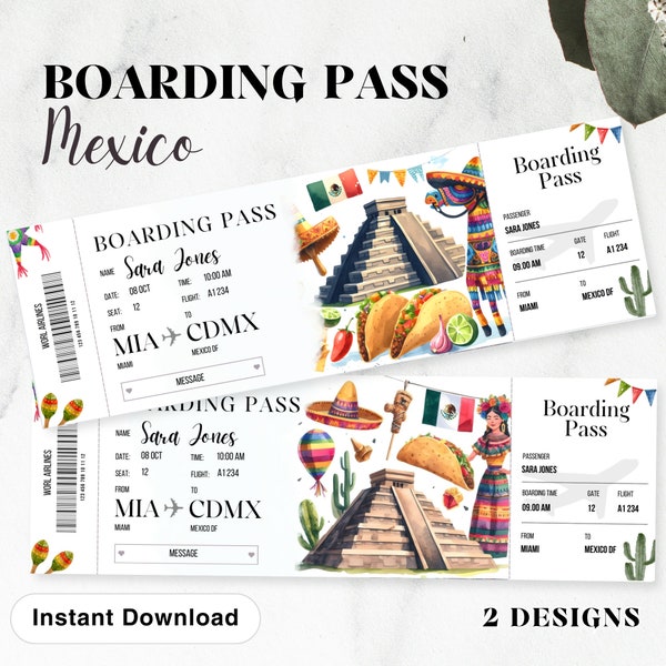 Billet de carte d'embarquement Mexico Df Surprise imprimable et modifiable, billet de voyage au Mexique, billet de vacances, modèle modifiable, carte d'embarquement