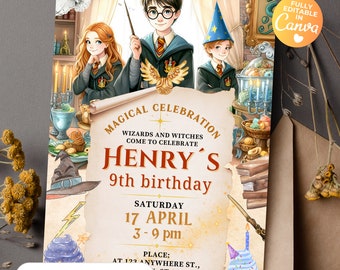 Customizable Wizard Birthday Party Printable Invitation, HP invitation, magical kid birthday party invite, Witchcraft & Wizardry, watercolor