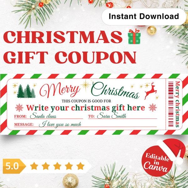 Modèle Canva de coupon de Noël modifiable, carte-cadeau de Noël, billet d'événement modifiable, coupon de cadeau de Noël pour petit ami, cadeaux de Noël. MC