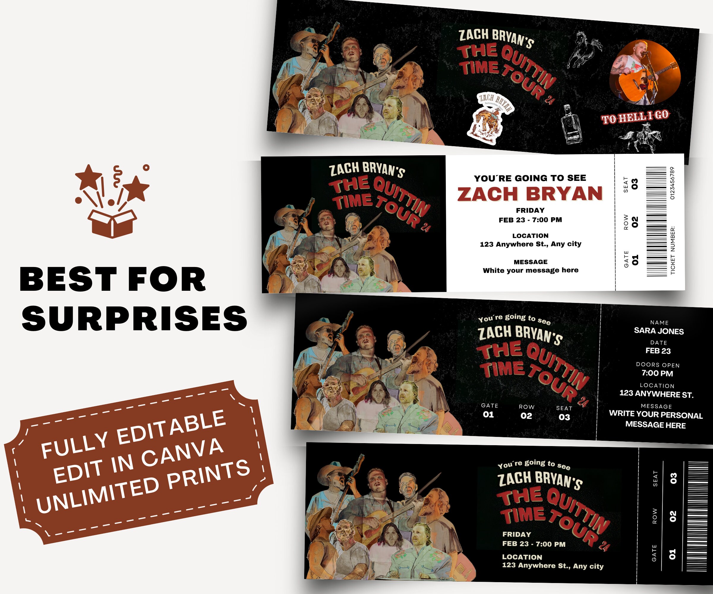 Personalized Editable Zach Bryan Concert Ticket, the Quittin Time Tour