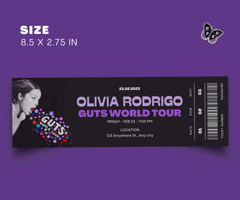 CUSTOMIZABLE Printable Olivia Rodrigo Guts Tour Ticket Stub Souvenir , DIY Surprise Reveal Print