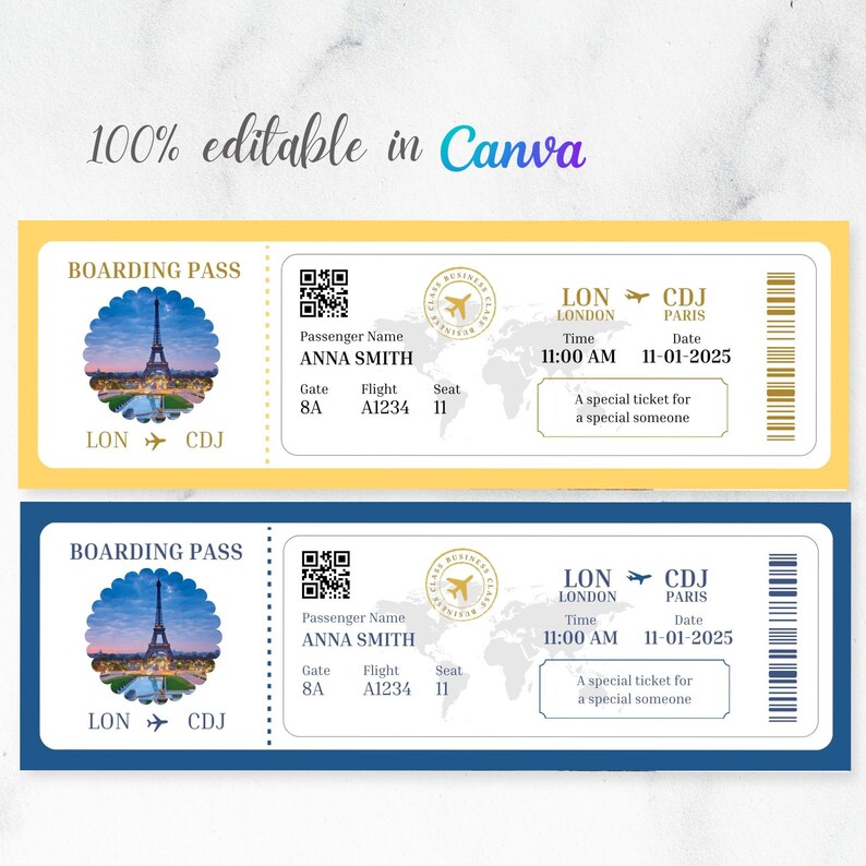 Editable Boarding Pass Template, Airline Ticket Canva, Printable