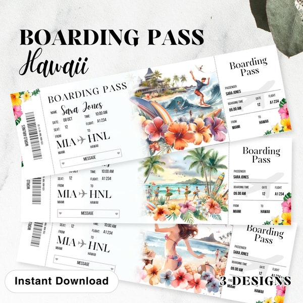 Printable and editable Hawaii Surprise boarding pass ticket, trip ticket to Hawaii, Vacation ticket , editable template, Boarding Pass HNL