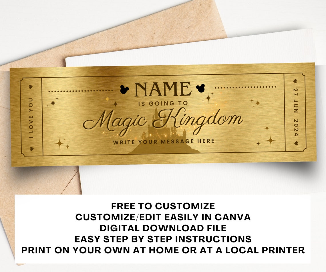 Printable Magic Kingdom Tickets, Theme Park Surprise Reveal, Ticket ...