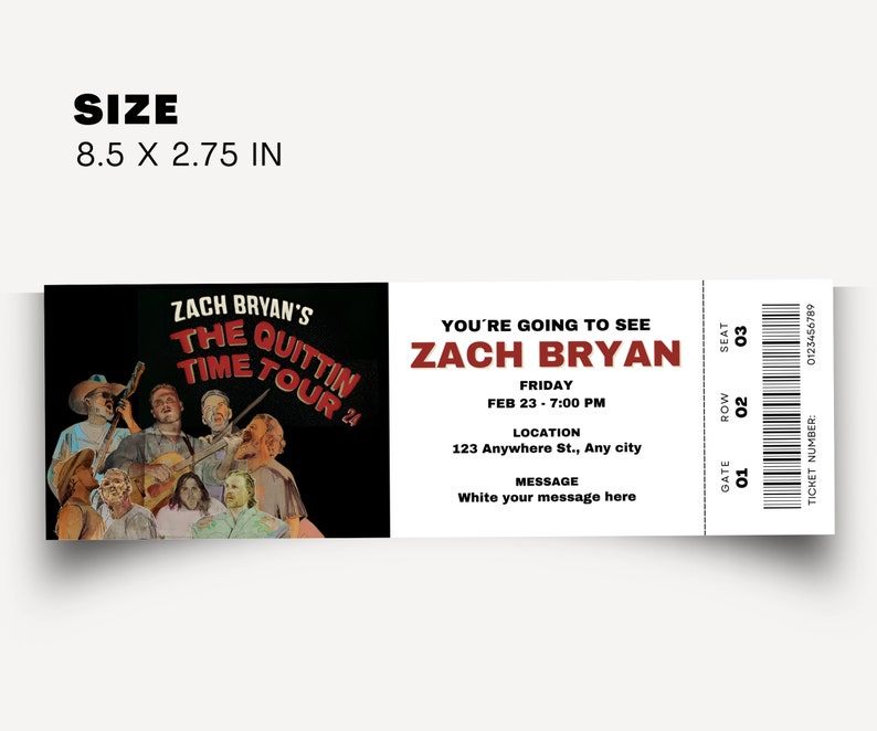 Editable Zach Bryan Concert Ticket, the Quittin Time Tour 2024, Zach