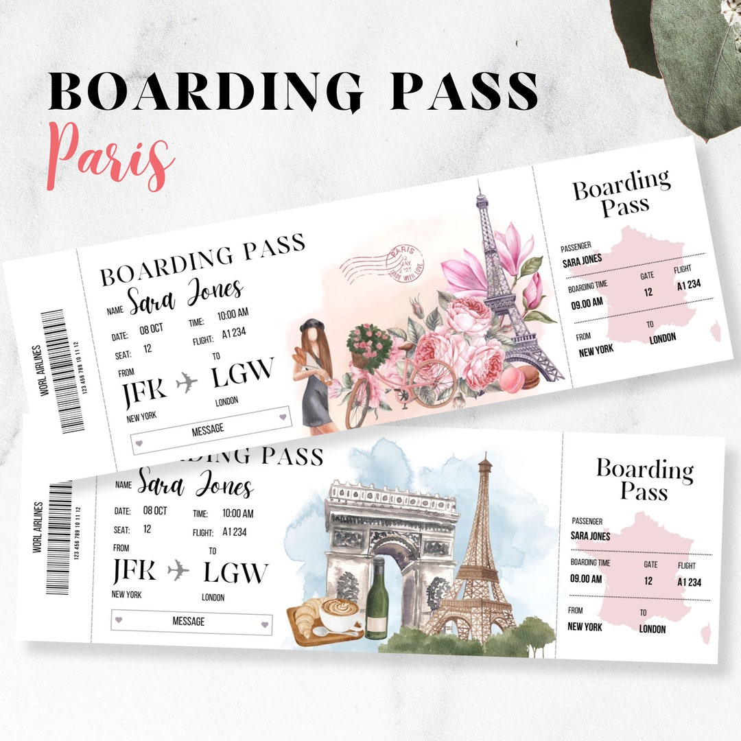 Printable and Editable Paris Surprise Boarding Pass Ticket, Trip Ticket