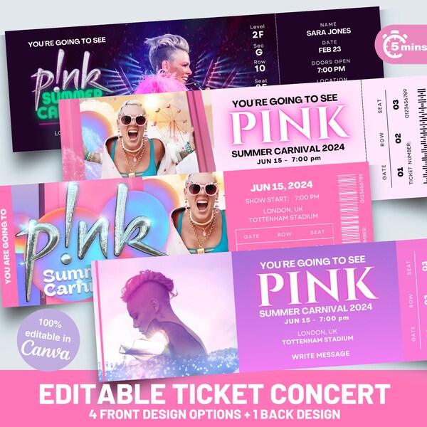 Personalized Surprise Pink Summer Carnival 2024 Concert Ticket, Personalised Keepsake tour ticket, Customised P!NK music ticket souvenir,