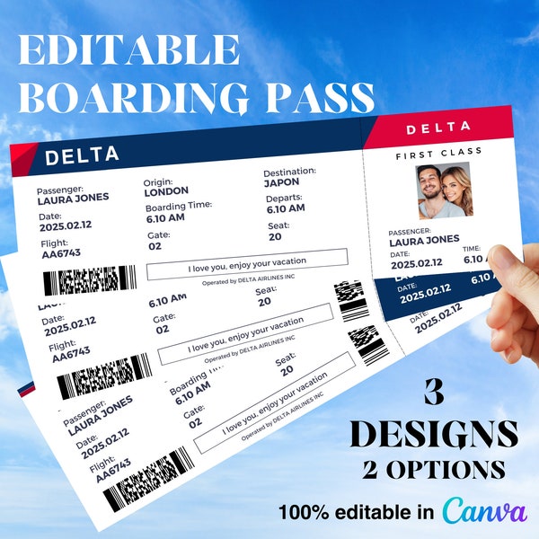 EDITABLE Airline Ticket Template | Surprise Gift Idea | Gift for Her | Printable Boarding Pass | Delta Airlines | American Airlines