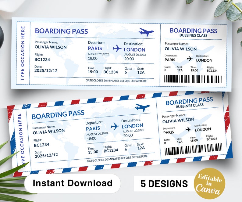 Editable Boarding Pass Canva Template, Printable Airline Ticket ...