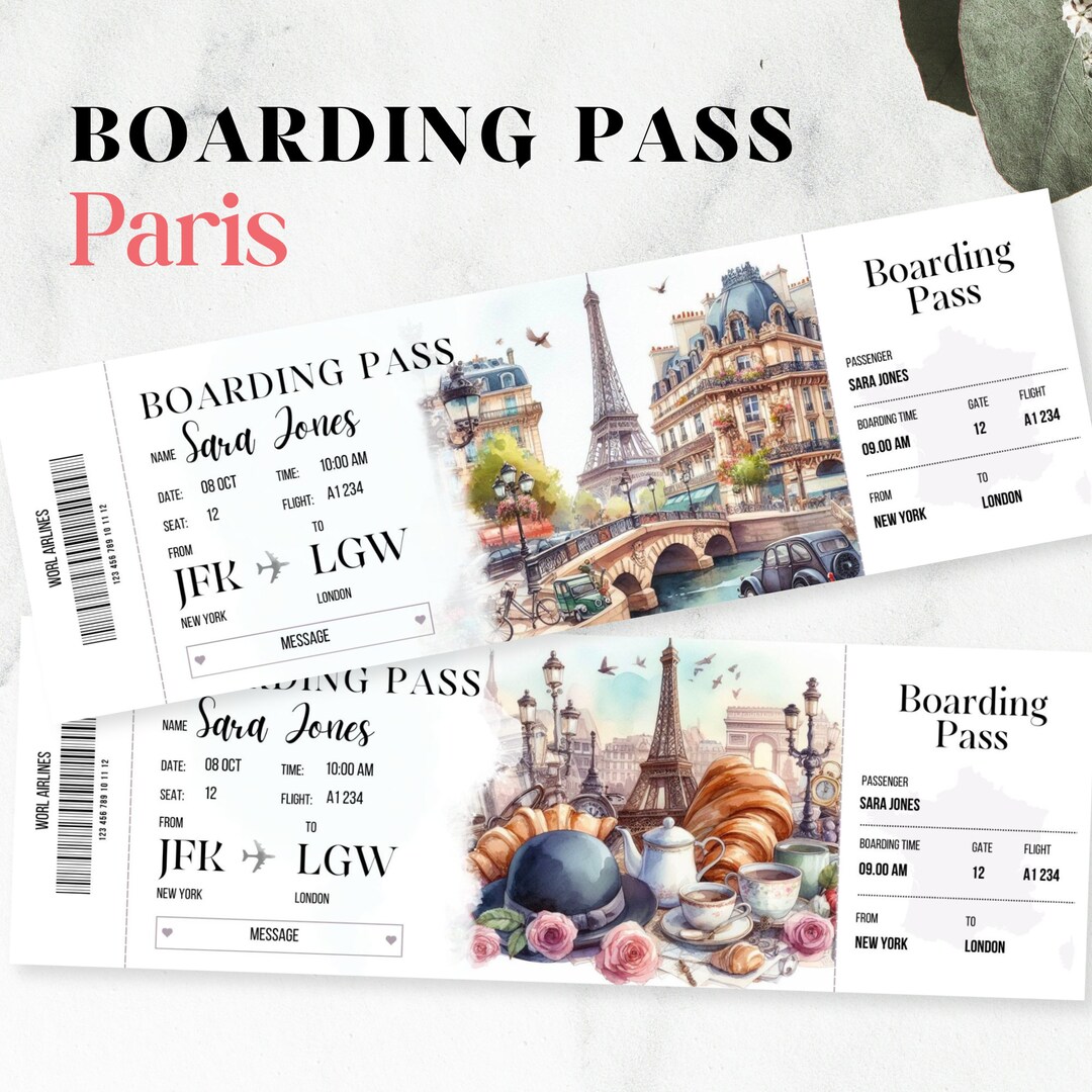 Printable and Editable Paris Surprise Boarding Pass Ticket, Trip Ticket