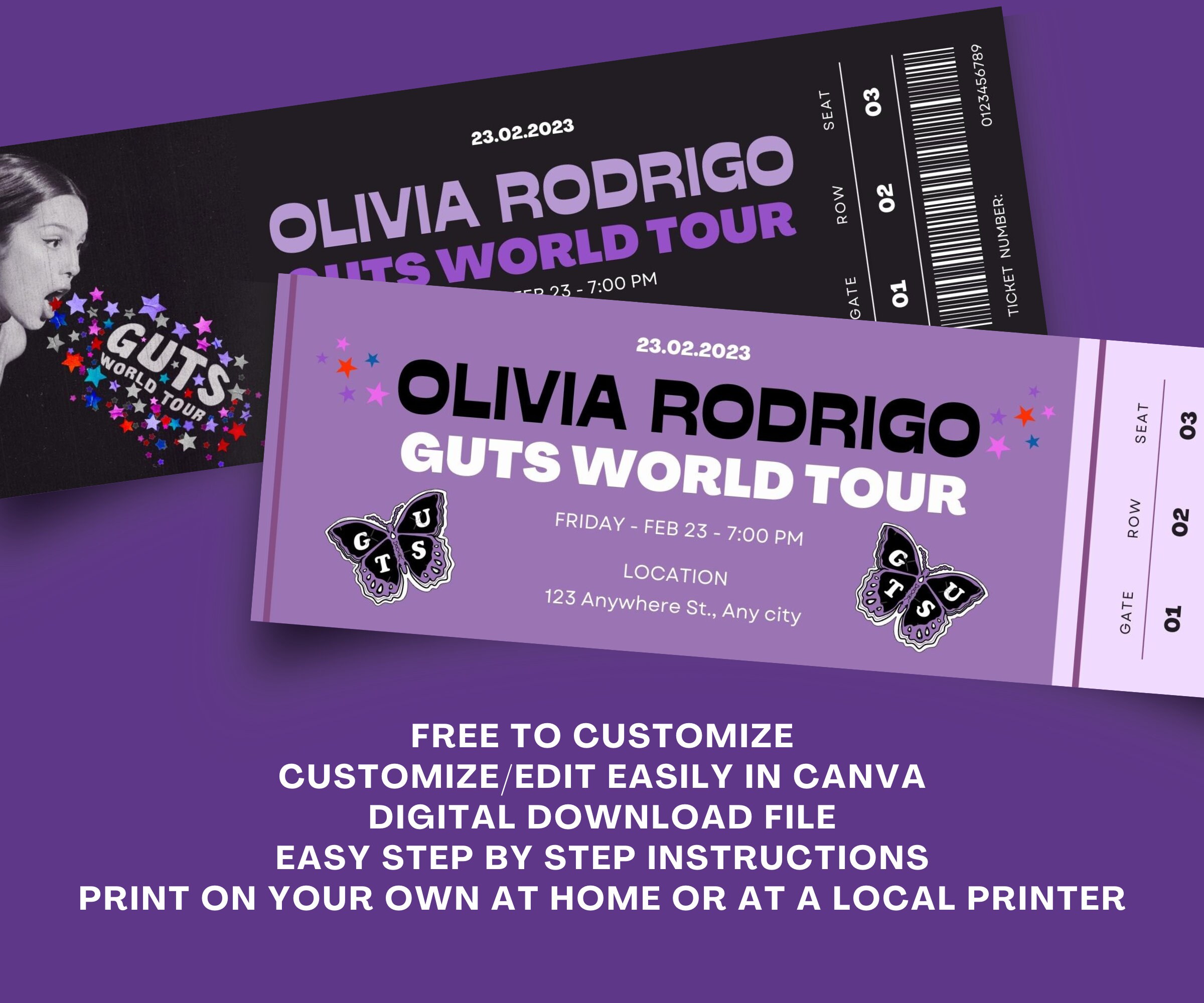 CUSTOMIZABLE Printable Olivia Rodrigo Guts Tour Ticket Stub Souvenir , DIY Surprise Reveal Print