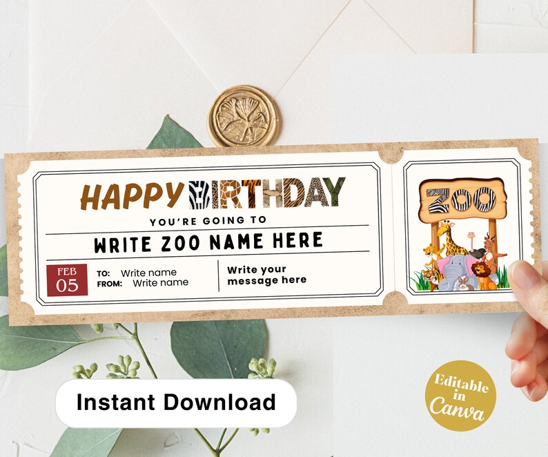 Zoo Ticket Printable Birthday Gift Voucher Surprise Trip to the Zoo DIY ...