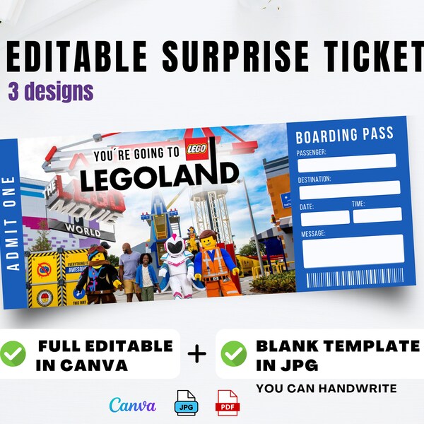 Printable Legoland Theme Park Surprise Ticket, Vacation Trip Ticket, Ticket Template, Surprise Gift Ticket, Boarding Pass, Digital Download