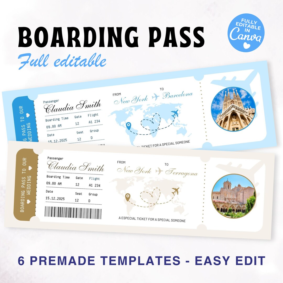 Editable Boarding Pass Template, Airline Ticket Canva, Printable