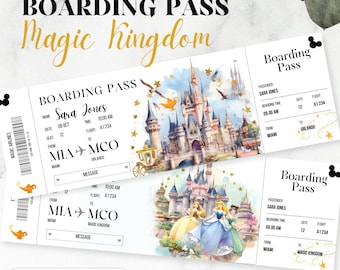 Billet imprimable pour Magic Kingdom Modifiable, Carte d'embarquement pour le thème du parc, Carte d'embarquement du voyage princesse à Orlando, Vacances au château magique