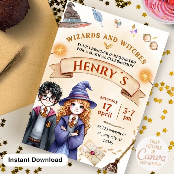 Wizard Birthday Invitation, printable Wizard Party Invite, Witches Invitation, editable Magical evite template, Magical Birthday boy girl