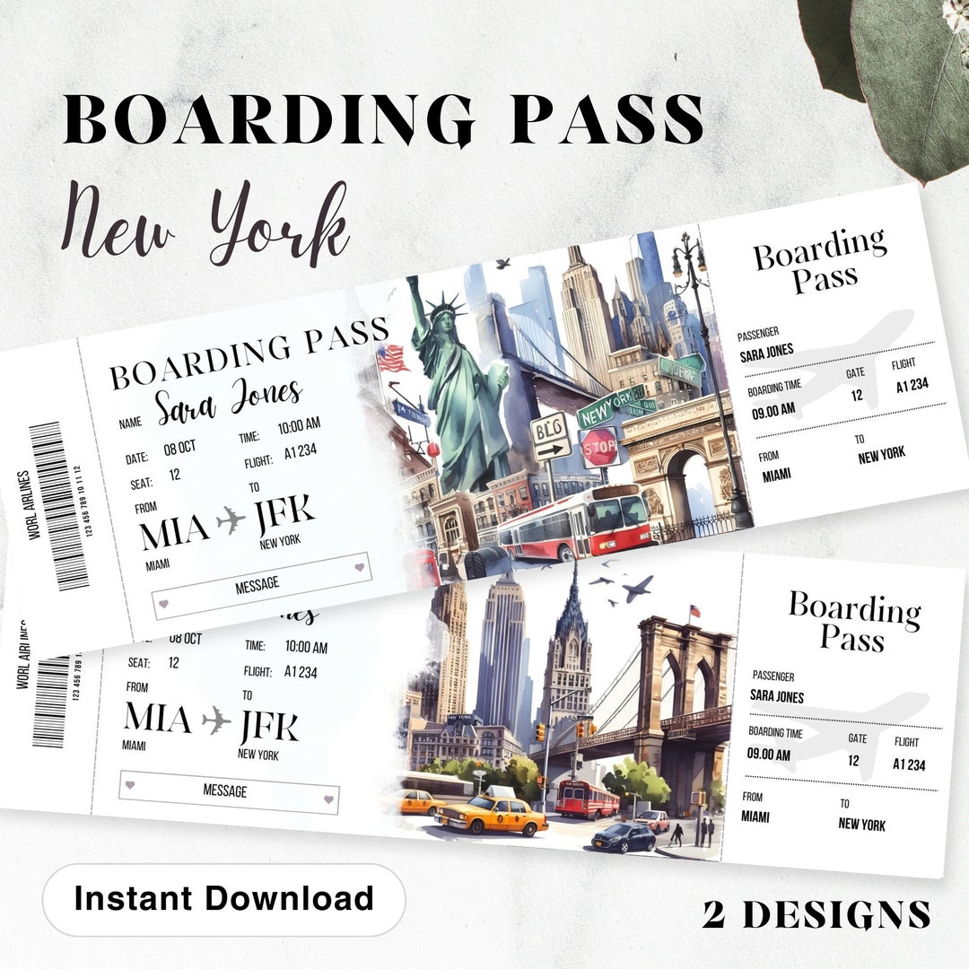 Printable and Editable New York Surprise Boarding Pass Ticket, Trip