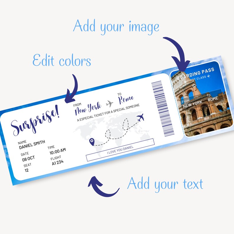 Editable Boarding Pass Template, Airline Ticket Canva, Printable