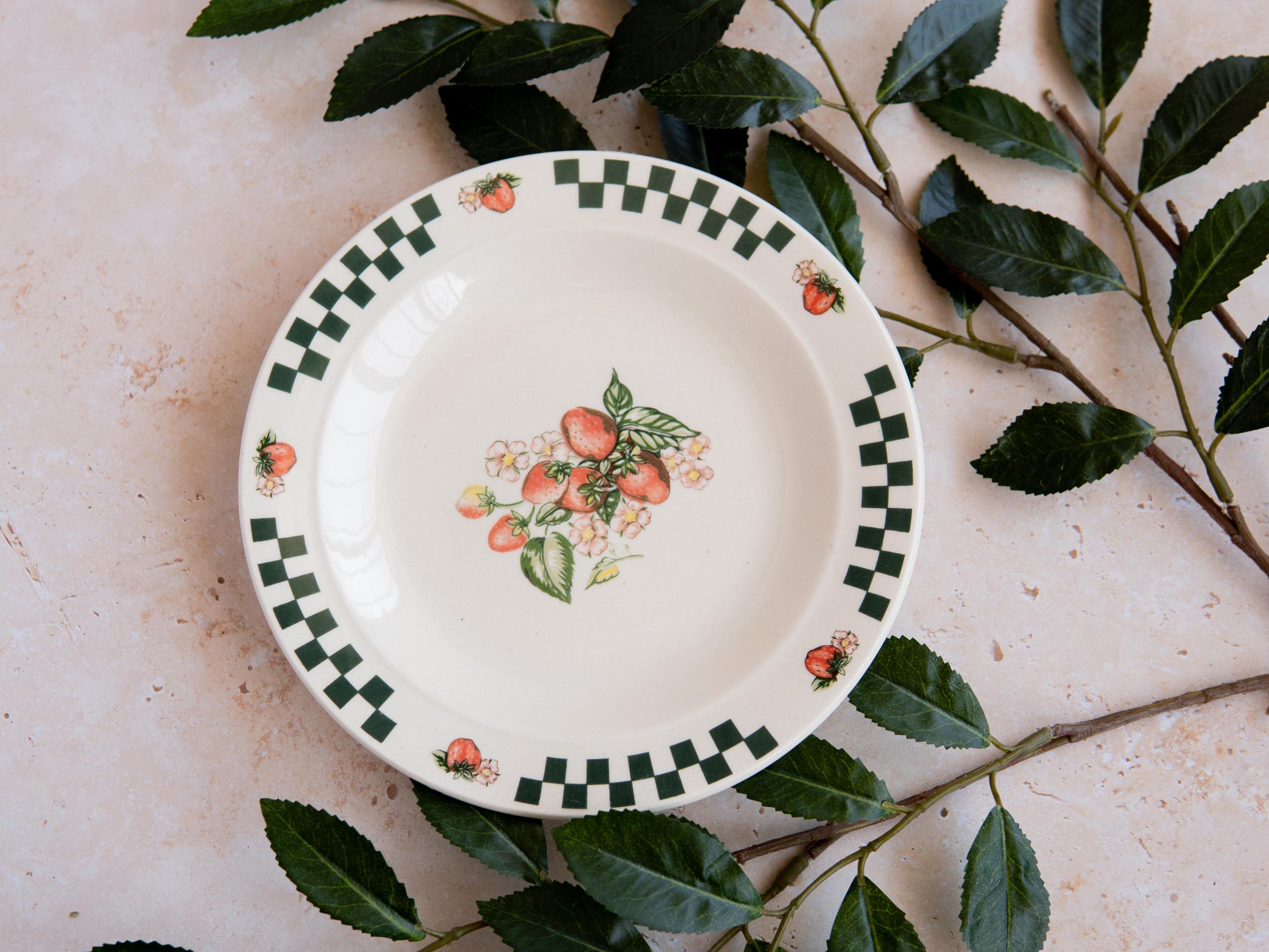Vintage Strawberry Fields Stoneware Plate: 90s Gibson Checkered