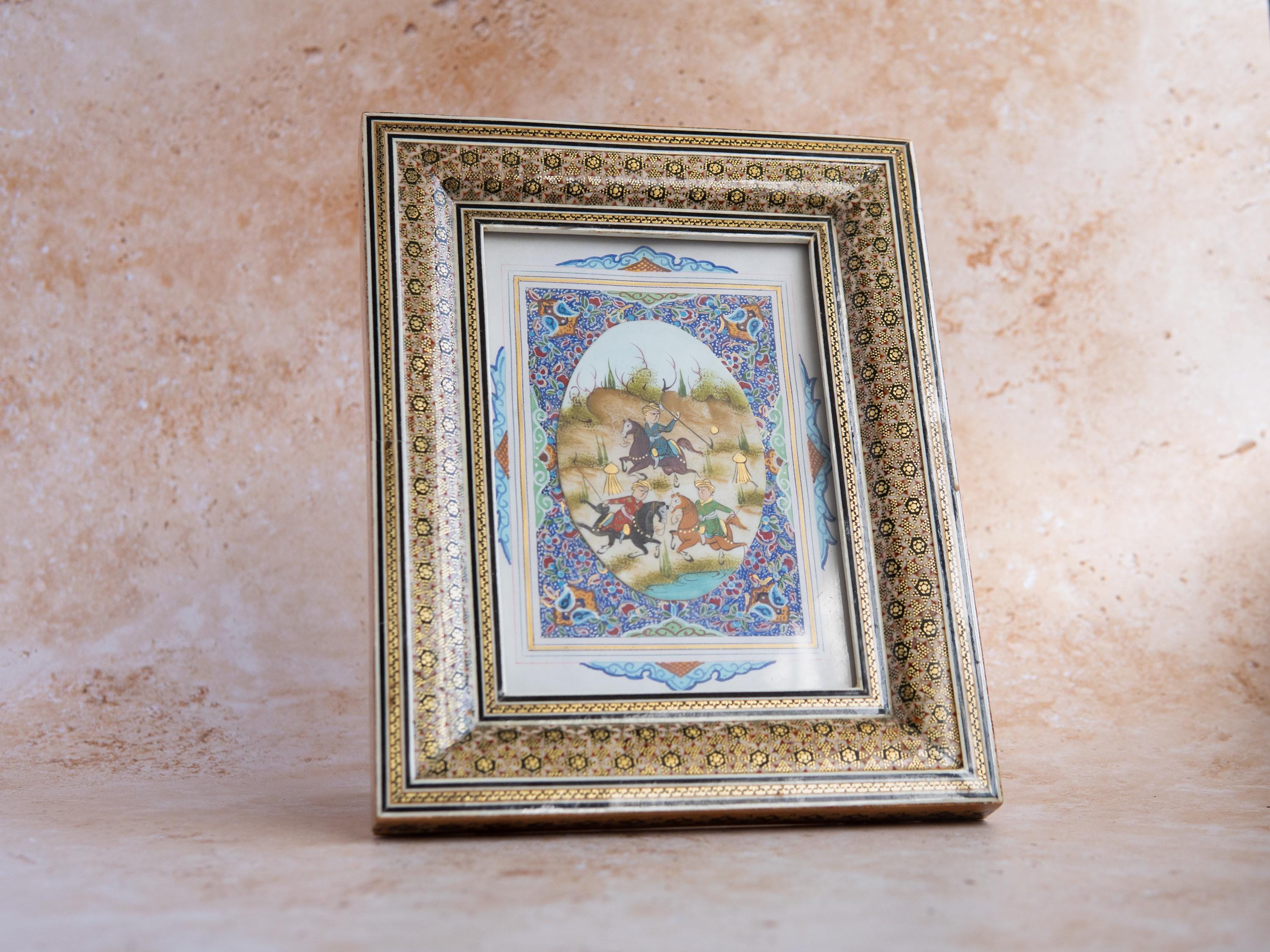 8"x10" Vintage Persian Inlaid Camel Bone Painting Original Artwork | Micro Mosaic Khatam Wood Frame Tabletop | Equestrian Hunting | c. 1950s