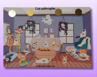 May include: A colourful illustration of a cat-themed room with various cat-related items, including a cat tree, a scratching post, a cat bed, a litter box, and a bowl of cat food. The illustration includes the text "Cat-asthrophe" and "Authentic Allison Co."