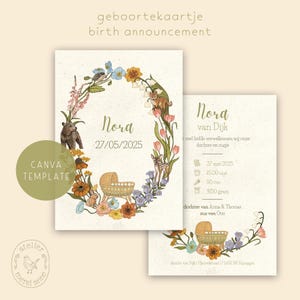 geboortekaartje | aanpasbaar sjabloon | handgeschilderde bloemen en schattige diertjes | Canva template | A6 staand