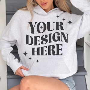 Gildan 18500 Ash Hoodie Front | G185 Grey Hooded Sweatshirt Mock-up | Real Model Mock | Neutral Simple Minimal Trendy Boho Aesthetic
