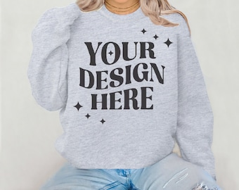 Gildan 18000 Sports Grey Sweatshirt Mockup | G180 Crewneck Mock-up | Real Model Mock Neutral Casual Aesthetic Fall Winter Gildan 18000 Mocks