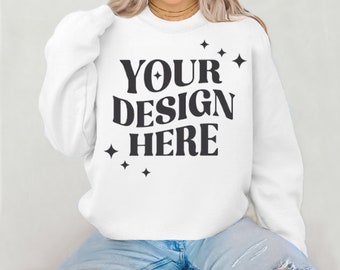 Gildan 18000 White Sweatshirt Mockup | G180 Crewneck Mock-up Real Model Mock Neutral Casual Simple Aesthetic Fall Winter Gildan 18000 Mocks