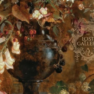 May include: A still life painting of a dark brown vase filled with a variety of flowers and berries. The vase is decorated with a gold pattern. The painting has a warm, earthy color palette.