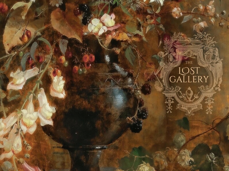 May include: A still life painting of a dark brown vase filled with a variety of flowers and berries. The vase is decorated with a gold pattern. The painting has a warm, earthy color palette.