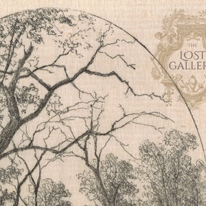 May include: A black and white illustration of a forest scene with bare trees. The image is in a circle with the text "THE LOST GALLERY" in a decorative frame in the upper right corner.