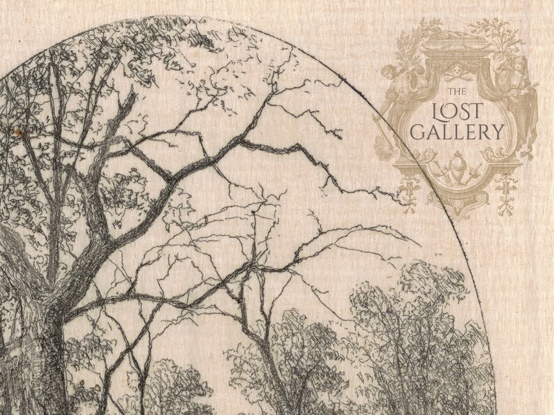 May include: A black and white illustration of a forest scene with bare trees. The image is in a circle with the text "THE LOST GALLERY" in a decorative frame in the upper right corner.