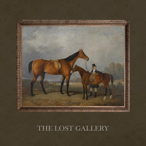 May include: An oil painting depicting two brown horses with saddles and bridles, standing in a field. A person in a black coat and top hat is standing next to the horses.