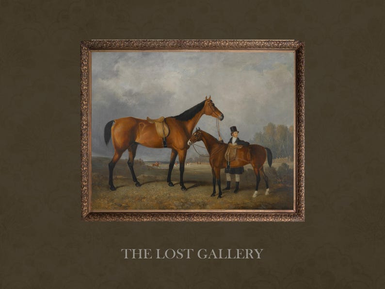 May include: An oil painting depicting two brown horses with saddles and bridles, standing in a field. A person in a black coat and top hat is standing next to the horses.