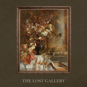 May include: A framed oil painting depicting a still life of a vase filled with a variety of flowers and foliage. The vase is dark brown and sits on a white tablecloth. The background is a muted brown and beige.