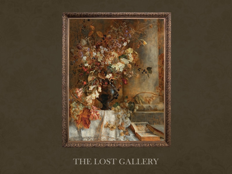May include: A framed oil painting depicting a still life of a vase filled with a variety of flowers and foliage. The vase is dark brown and sits on a white tablecloth. The background is a muted brown and beige.