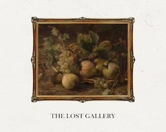 May include: A framed still life painting of a bowl of fruit. The fruit includes grapes, pears, and apples. The painting is set against a dark background and is framed in a gold frame.