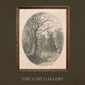 May include: A black and white engraving of a forest scene with trees and a river. The engraving is framed in a gold frame with an oval-shaped mat.