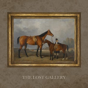 May include: A painting of two brown horses with a rider in a brown jacket and black hat. The horses are standing in a field with trees in the background.