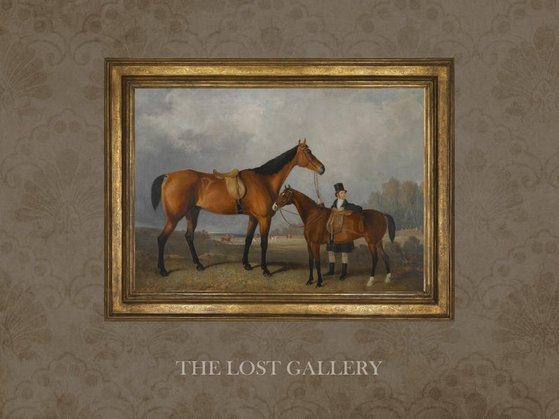 May include: A painting of two brown horses with a rider in a brown jacket and black hat. The horses are standing in a field with trees in the background.