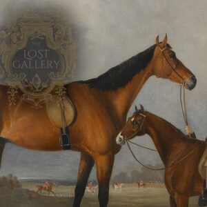 May include: A painting of two brown horses, one with a black mane and tail, standing in a field. A person in a black top hat and a brown jacket is riding the smaller horse. The larger horse is wearing a saddle and bridle.