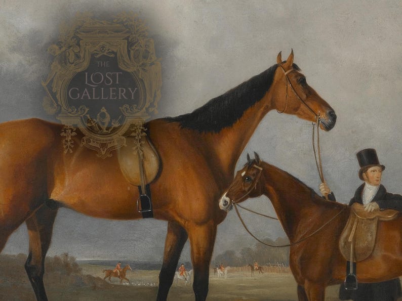 May include: A painting of two brown horses, one with a black mane and tail, standing in a field. A person in a black top hat and a brown jacket is riding the smaller horse. The larger horse is wearing a saddle and bridle.