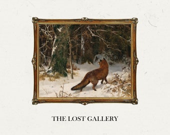 May include: A framed painting of a red fox in a snowy forest. The fox is looking to the right, with its tail curled behind it. The forest is covered in snow, and there are trees in the background.
