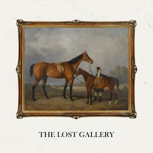 May include: A framed oil painting depicting two brown horses with a rider in a field. The painting is in a gold frame with ornate details. The text "THE LOST GALLERY" is below the frame.