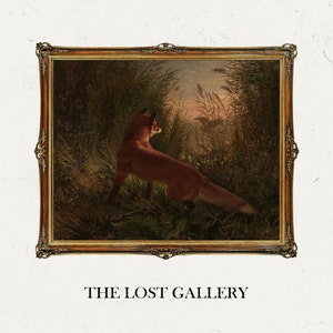 May include: A framed oil painting depicting a red fox standing in a grassy field, looking towards a bird flying in the distance. The painting has a gold frame with ornate details. The text "THE LOST GALLERY" is printed below the frame.