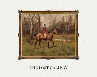 May include: A painting in a gold frame depicts a man in a red coat and top hat riding a brown horse through a forest. The painting is titled "The Lost Gallery".