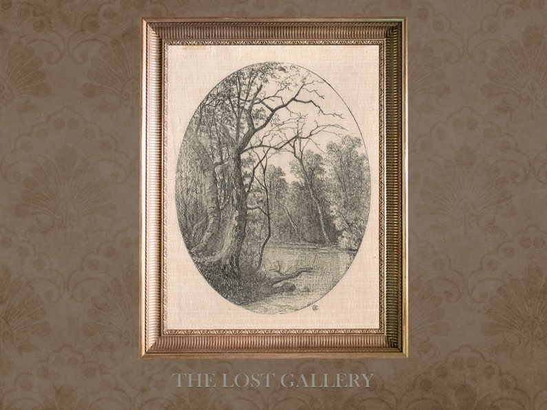 May include: A black and white vintage illustration of a forest scene with trees and a river. The illustration is framed in a gold frame.