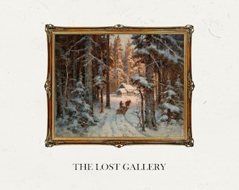 May include: A framed oil painting depicting a snowy winter scene with a horse-drawn sleigh traveling through a forest. The trees are covered in snow and the sky is a soft blue. The painting is in a gold frame.